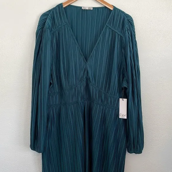 Dex Plus Torey Allover Pleated V-Neck Long Sleeve Knee Length Teal Dress 14 -‎ X