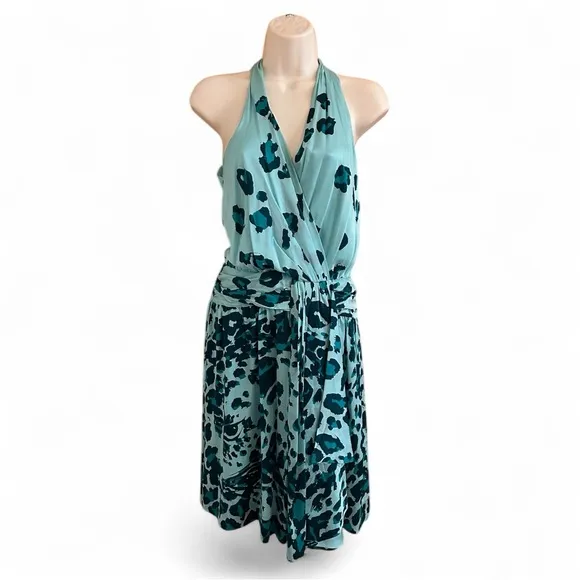 Diane Von Furstenberg Silk Aqua Blue and Black Leopard Print Patterned Dress