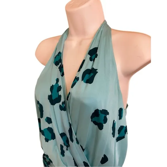 Diane Von Furstenberg Silk Aqua Blue and Black Leopard Print Patterned Dress