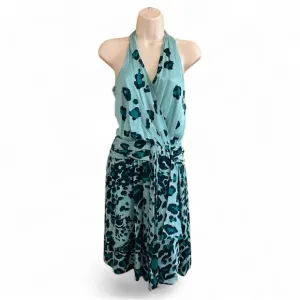 Diane Von Furstenberg Silk Aqua Blue and Black Leopard Print Patterned Dress