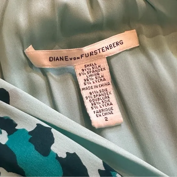 Diane Von Furstenberg Silk Aqua Blue and Black Leopard Print Patterned Dress