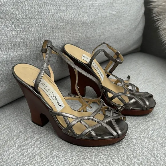 Dolce &amp; Gabbana woman Silver Strappy wood Heels Sz 36
