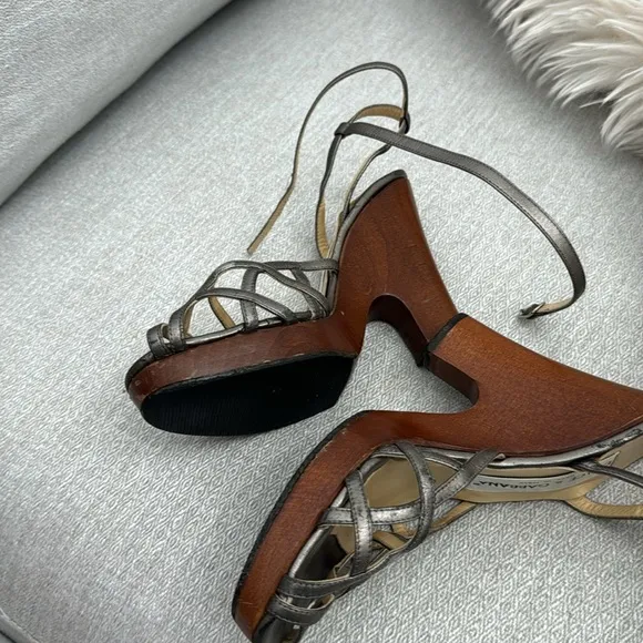 Dolce &amp; Gabbana woman Silver Strappy wood Heels Sz 36