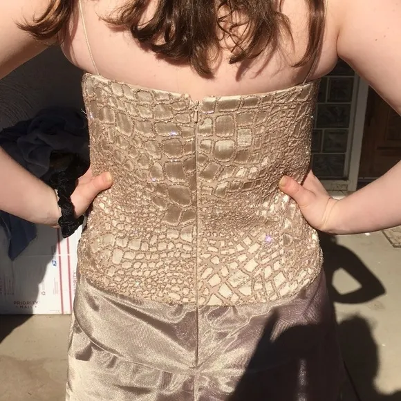 Dolce Jovani Gown in Gold Tuille/Beaded Bodice
