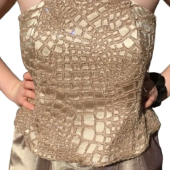 Dolce Jovani Gown in Gold Tuille/Beaded Bodice