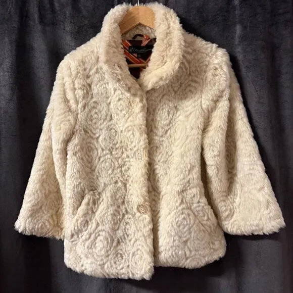 Dollhouse Cream Faux Fur Jacket | M | Y2K Mod Chevron Lined Short Coat