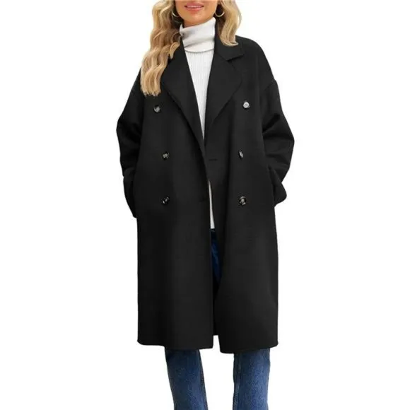 Double Breasted Pea Coat Notched Lapel Collar Overcoats Long Jackets For Women