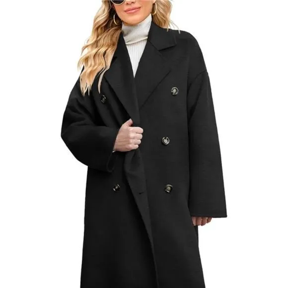 Double Breasted Pea Coat Notched Lapel Collar Overcoats Long Jackets For Women