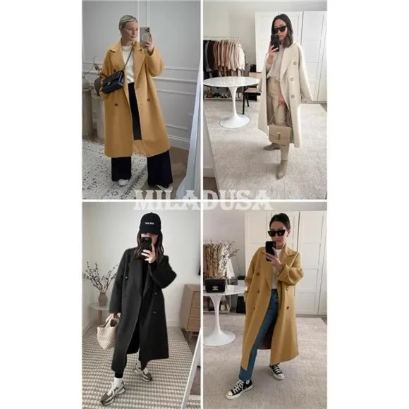 Double Breasted Pea Coat Notched Lapel Collar Overcoats Long Jackets For Women