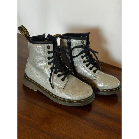 Dr. Martens 1460 J Glitter Silver &amp; Black Lace-Up Boots Youth Size 11 US kids