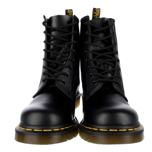 Dr. Martens Black Leather Combat Boots with Yellow Stitching