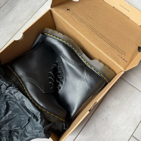 Dr. Martens Black Leather Combat Boots with Yellow Stitching