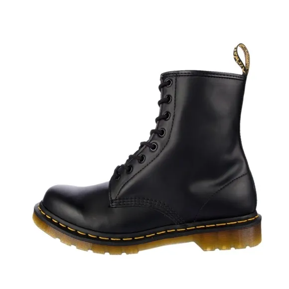 Dr. Martens Black Leather Combat Boots with Yellow Stitching