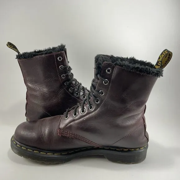 Dr Martens Docs 1460 Serena Combat Boots Women Size 10 Faux Fur Lined Burgundy