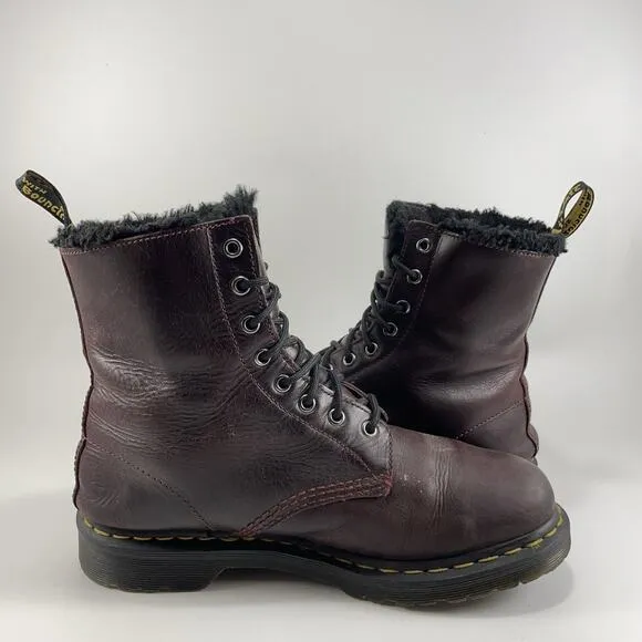 Dr Martens Docs 1460 Serena Combat Boots Women Size 10 Faux Fur Lined Burgundy