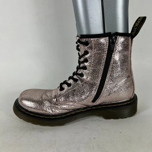 Dr. Martens Junior 1460 Metallic Boots Girls 3 Pink Disco Crinkle Zipper Ankle