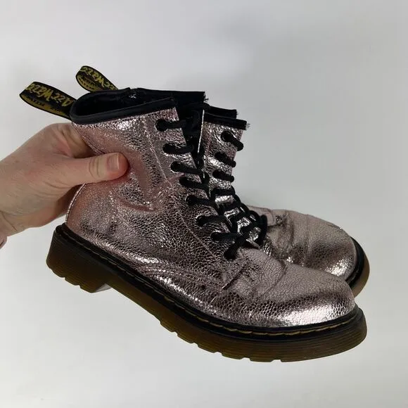 Dr. Martens Junior 1460 Metallic Boots Girls 3 Pink Disco Crinkle Zipper Ankle