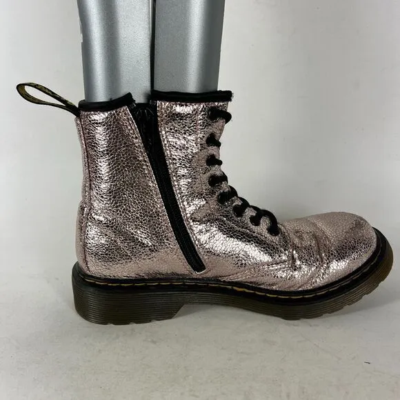 Dr. Martens Junior 1460 Metallic Boots Girls 3 Pink Disco Crinkle Zipper Ankle