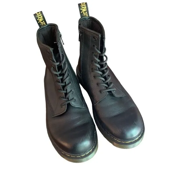 Dr Martens Youth 1460 Black Smooth Leather Lace Up Side Zipper Boots Sz 6
