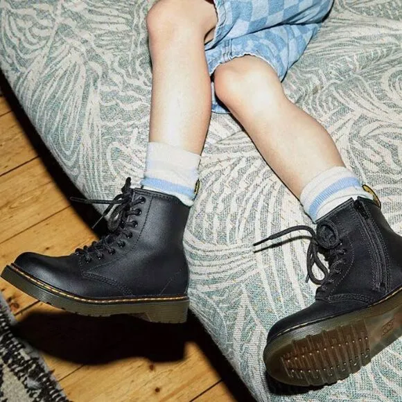 Dr Martens Youth 1460 Black Smooth Leather Lace Up Side Zipper Boots Sz 6
