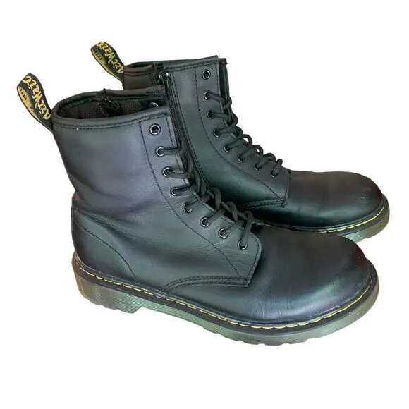Dr Martens Youth 1460 Black Smooth Leather Lace Up Side Zipper Boots Sz 6