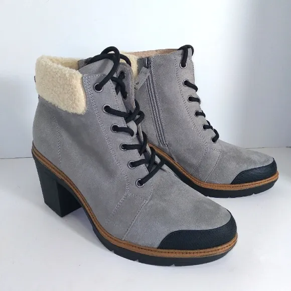 Dr. Scholl's For The Love Of Grey Fur Trimmed Block Heel Lace-Up Boots Size-9.5