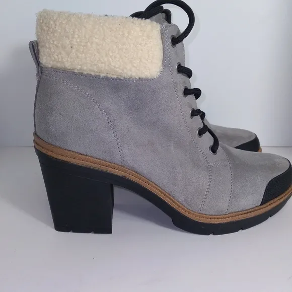 Dr. Scholl's For The Love Of Grey Fur Trimmed Block Heel Lace-Up Boots Size-9.5