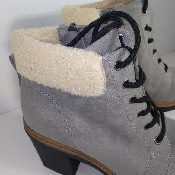 Dr. Scholl's For The Love Of Grey Fur Trimmed Block Heel Lace-Up Boots Size-9.5