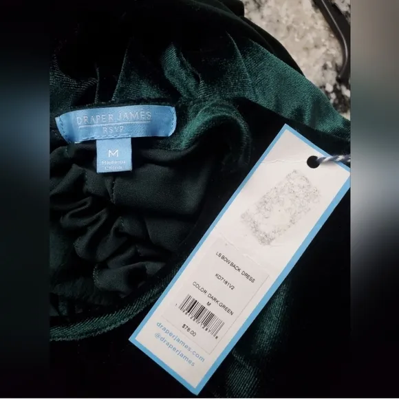 Draper James Green Velvet Bow Back Long Sleeve Dress. NEW!