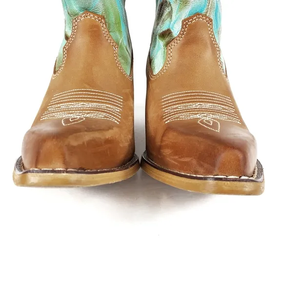 DURANGO Boots Sz 8 Stitched Full Leather Western Turquoise Blue Tan White