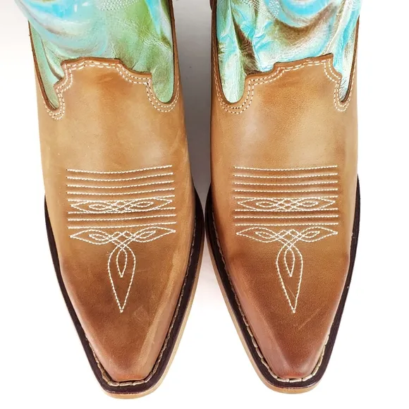 DURANGO Boots Sz 8 Stitched Full Leather Western Turquoise Blue Tan White