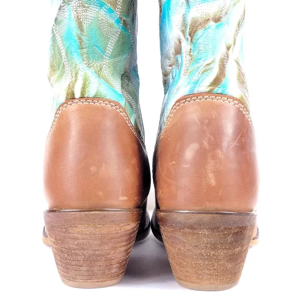 DURANGO Boots Sz 8 Stitched Full Leather Western Turquoise Blue Tan White
