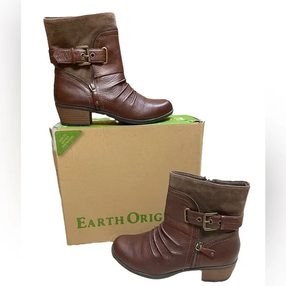Earth Origins Dolly Leather Pig Suede Brown Heeled Bootie 00s Y2K Boots (size 9)