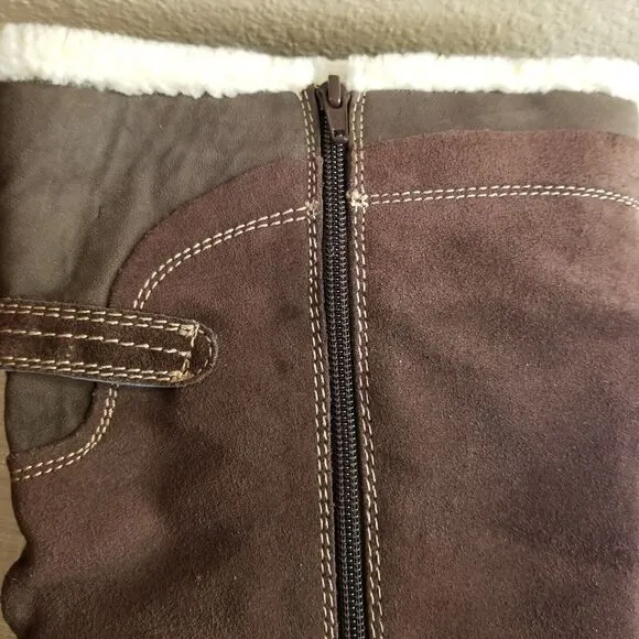 Earth Ridge Shearling Cuff Premium Leather Tall Zip Comfort Wedge Boots 12 US