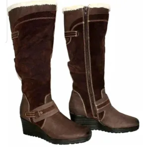 Earth Ridge Shearling Cuff Premium Leather Tall Zip Comfort Wedge Boots 12 US