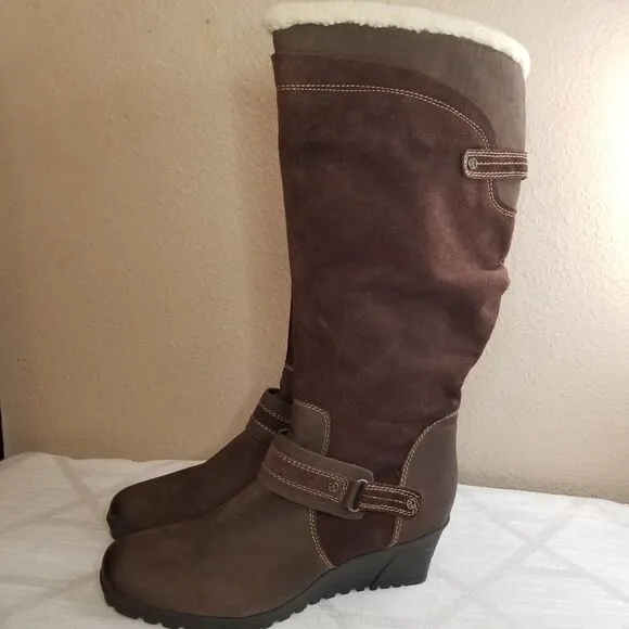 Earth Ridge Shearling Cuff Premium Leather Tall Zip Comfort Wedge Boots 12 US