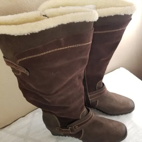 Earth Ridge Shearling Cuff Premium Leather Tall Zip Comfort Wedge Boots 12 US