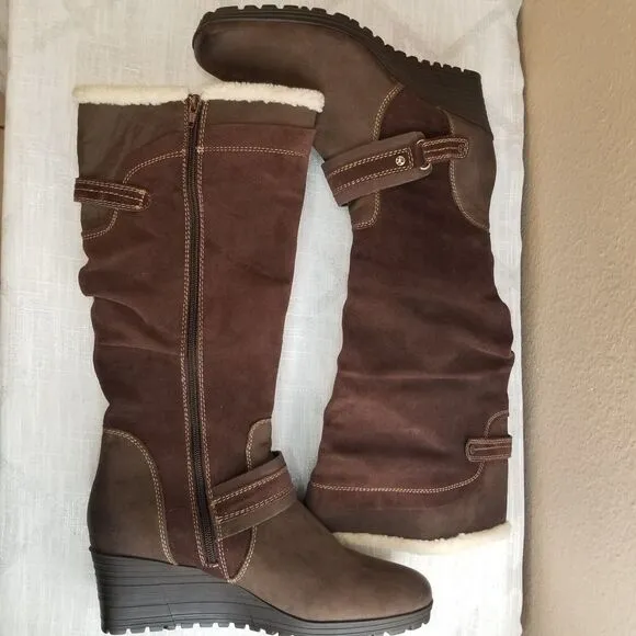 Earth Ridge Shearling Cuff Premium Leather Tall Zip Comfort Wedge Boots 12 US