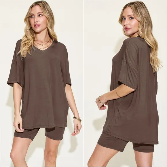 Easygoing V-Neck Shorts Set - Brown