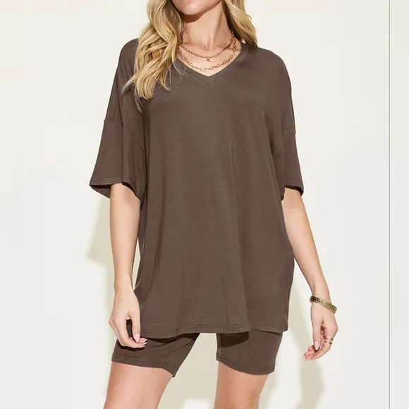 Easygoing V-Neck Shorts Set - Brown