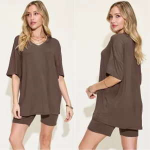 Easygoing V-Neck Shorts Set - Brown