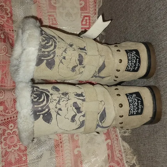 Ed Hardy Size 7 Boots Suede And Faux Fur  &quot;Love Kills Slowly&quot;
