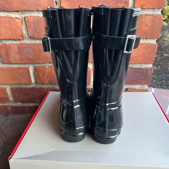 EEUC Short Adjustable Hunter Black Rain Boots, Black Gloss, Size 9