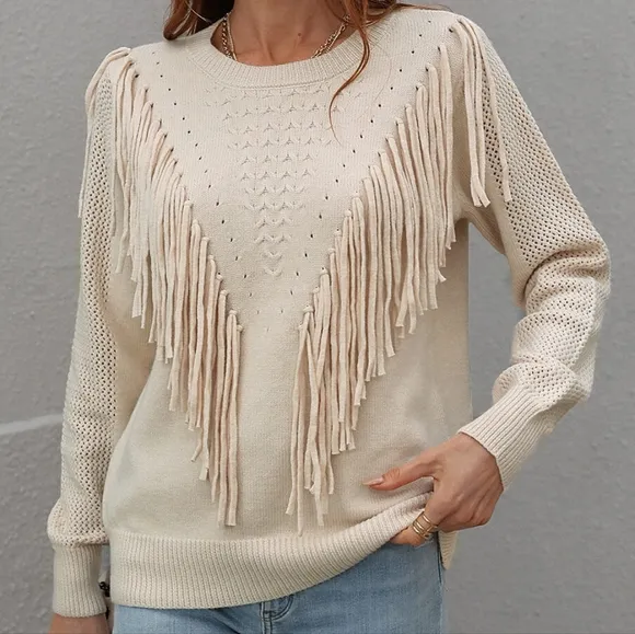 Effortless Fringe Accent Sweater - Cream