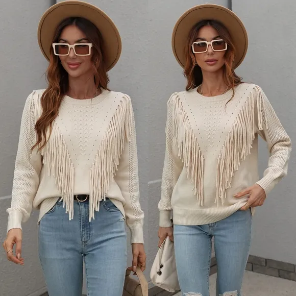 Effortless Fringe Accent Sweater - Cream
