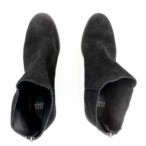 Eileen Fisher Rove Ankle Boots Black Suede Size 8.5 Block-Heel Zip Booties EUC