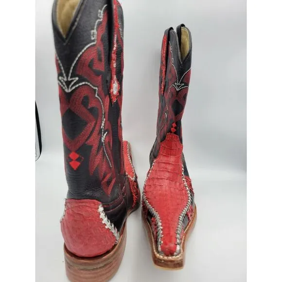 El General Cowboy Boots 1901 Mens Western Leather Black Red Sequin Sz 7 Long Toe