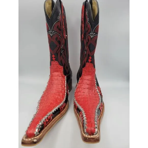 El General Cowboy Boots 1901 Mens Western Leather Black Red Sequin Sz 7 Long Toe