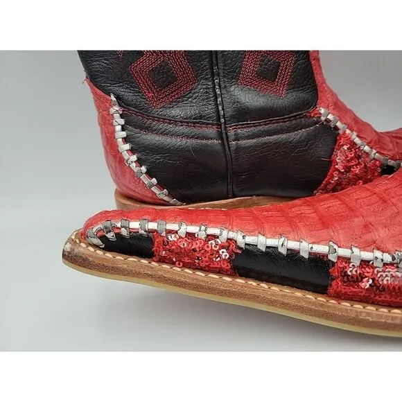 El General Cowboy Boots 1901 Mens Western Leather Black Red Sequin Sz 7 Long Toe