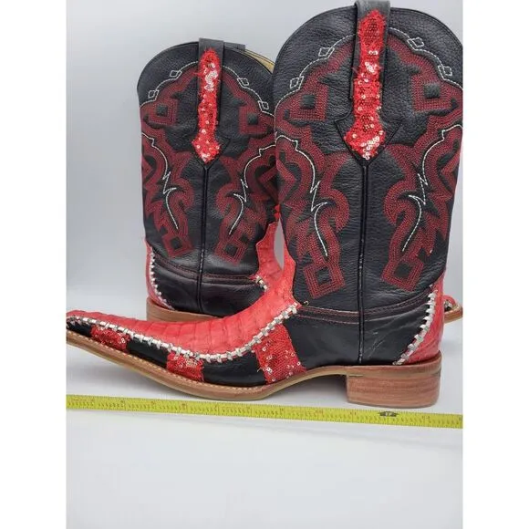 El General Cowboy Boots 1901 Mens Western Leather Black Red Sequin Sz 7 Long Toe